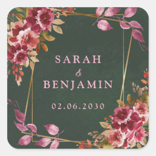 Gold Geometric Burgundy and Green Floral Wedding  Square Sticker