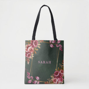 Gold Geometric Burgundy and Green Floral Wedding  Tote Bag