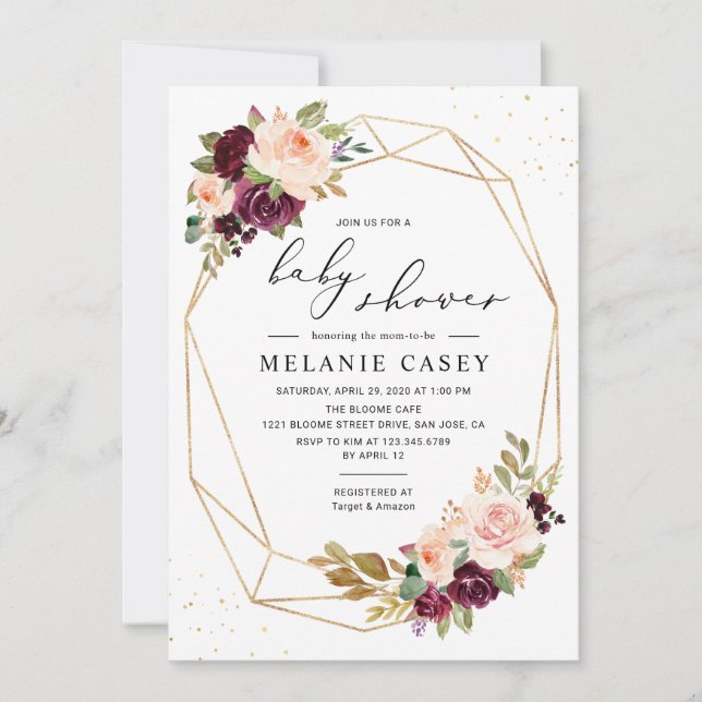 Gold Geometric Burgundy Blush Floral Baby Shower Invitation (Front)