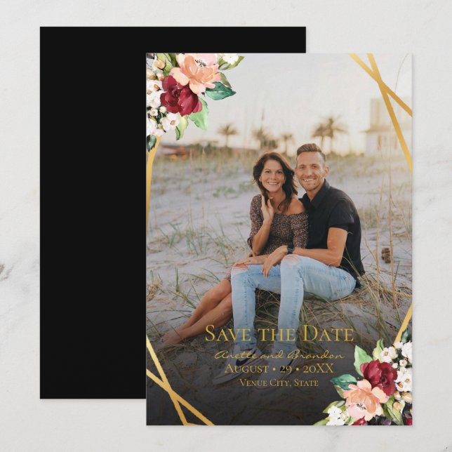 Gold Geometric Burgundy Floral All Over Photo Save The Date (Front/Back)