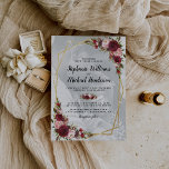 Gold Geometric Burgundy Floral Photo Wedding Invitation<br><div class="desc">Elegant watercolor wedding invitations featuring a faded photo of the couple, an array of marsala red, burgundy & blush pink watercolor floral flowers, a gold glitter geometric shape, and a modern wedding template. ==================================================================================== For further personalisation, please click the "Customise it" button to modify this template. All text style, colours,...</div>