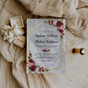 Gold Geometric Burgundy Floral Photo Wedding Invitation