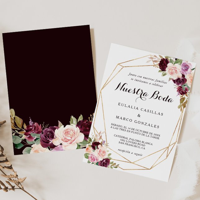 Gold Geometric Burgundy Floral Spanish Wedding Invitation (Creator Uploaded)
