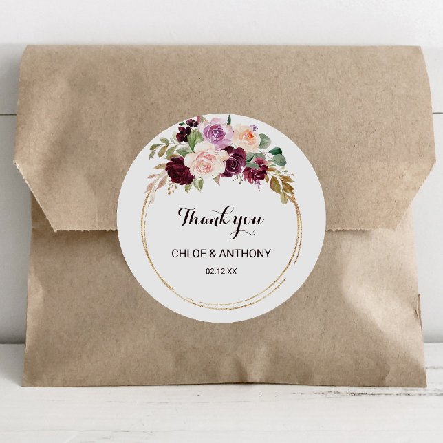 Gold Geometric Burgundy Floral Thank You Favour Classic Round Sticker (Creator Uploaded)