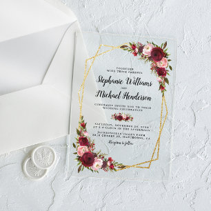 Gold Geometric Burgundy Floral Wedding Acrylic Invitations