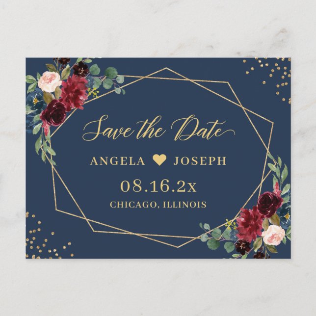 Gold Geometric Burgundy Navy Floral Save the Date Postcard (Front)