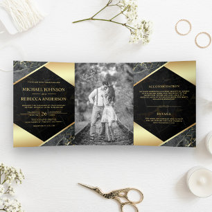 Gold Geometric Charcoal Grey Marble Photo Wedding Tri-Fold Invitation