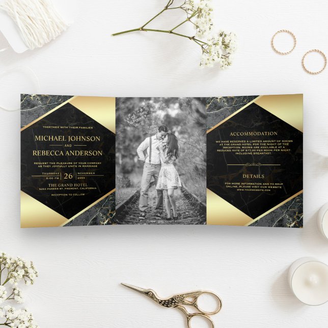 Gold Geometric Charcoal Grey Marble Photo Wedding Tri-Fold Invitation (Creator Uploaded)