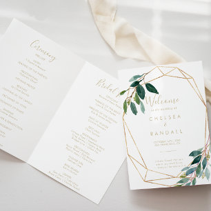Gold Geometric Chic Eucalyptus Folded Wedding  Programme