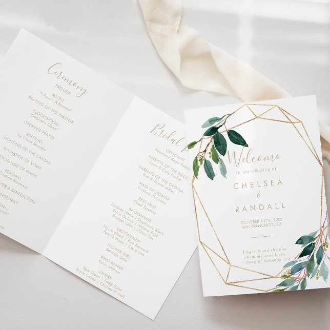 Gold Geometric Chic Eucalyptus Folded Wedding  Programme (Creator Uploaded)