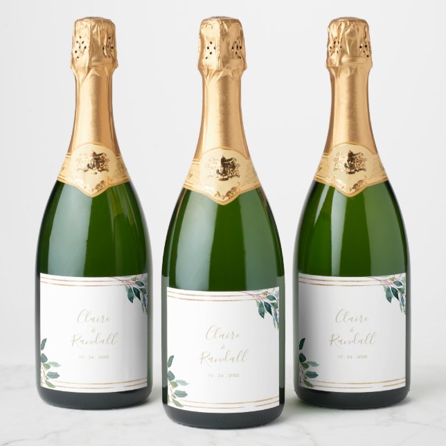 Gold Geometric Chic Eucalyptus Wedding   Sparkling Wine Label (Bottles)