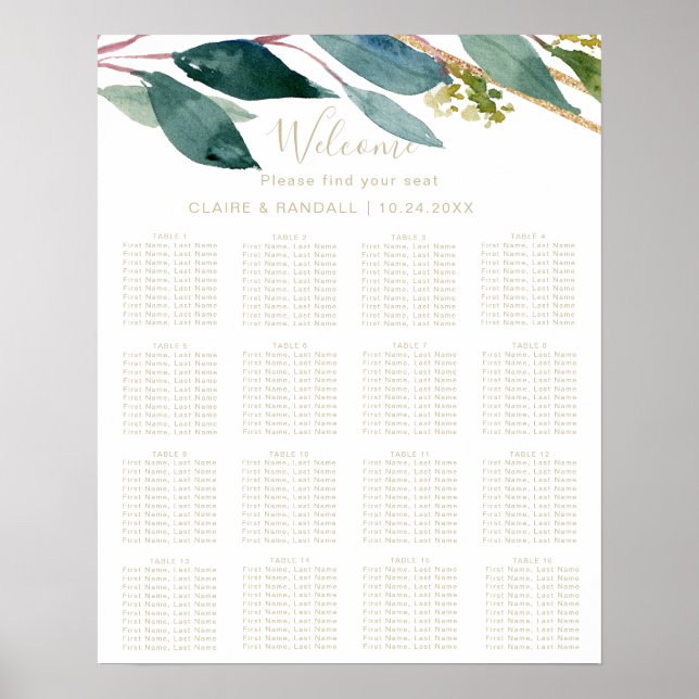 Gold Geometric Chic Foliage Wedding Seating Chart (Front)