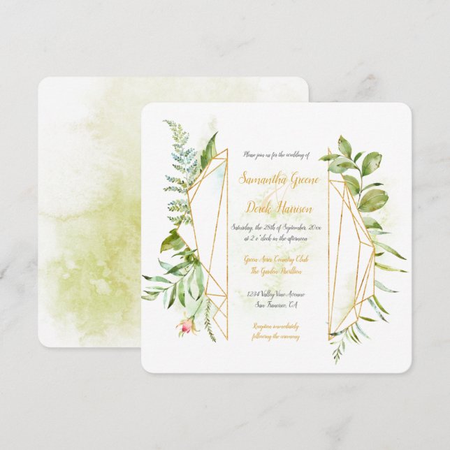 Gold Geometric Crystal Botanicals Square Invitation (Front/Back)
