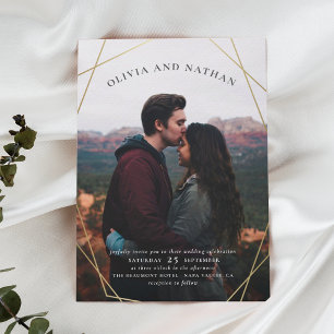 Gold Geometric Custom Engagement Photo Wedding Magnetic Invitation
