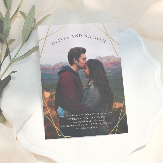 Gold Geometric Custom Engagement Photo Wedding Magnetic Invitation (Creator Uploaded)