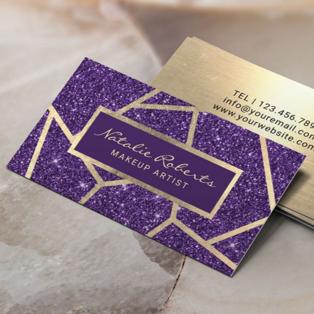 Gold Geometric Deep Purple Glitter Beauty Salon Business Card (Creator Uploaded)