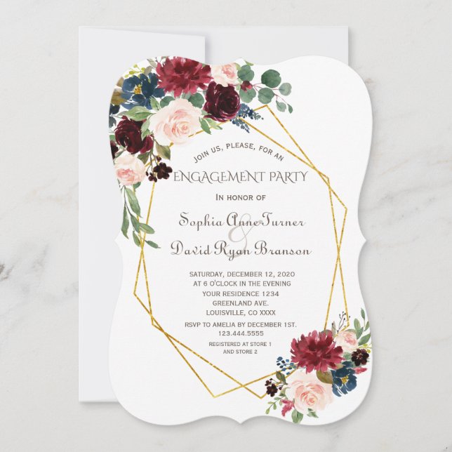 Gold Geometric Diamond Burgundy Floral Engagement Invitation (Front)