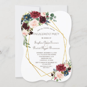 Gold Geometric Diamond Burgundy Floral Engagement Invitation