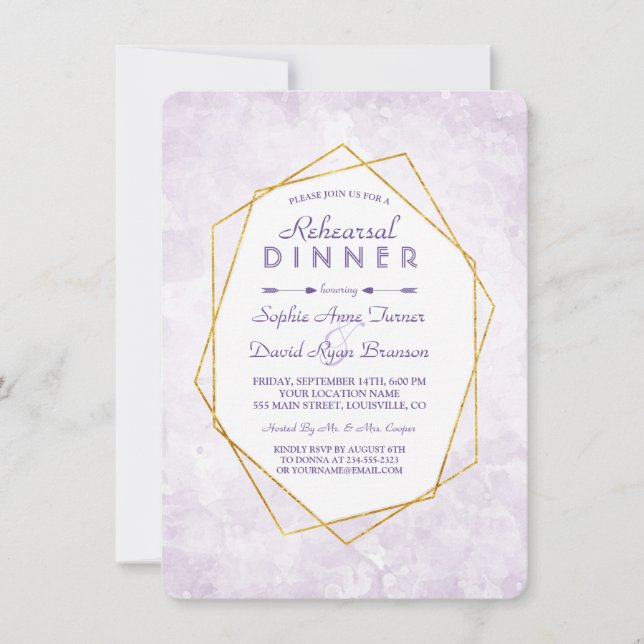 Gold Geometric Diamond Lavender Rehearsal Dinner Invitation (Front)