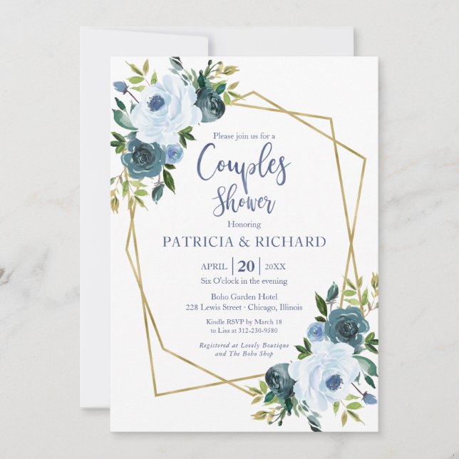 Gold Geometric Dusty Blue Floral Couples Shower Invitation (Front)