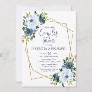 Gold Geometric Dusty Blue Floral Couples Shower Invitation