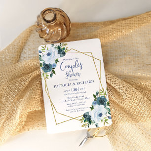 Gold Geometric Dusty Blue Floral Couples Shower Invitation