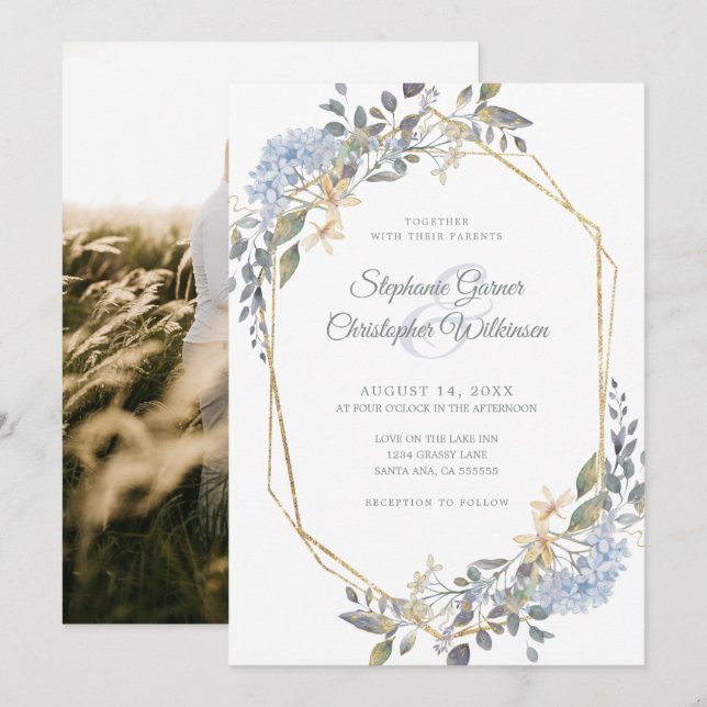 Gold Geometric Dusty Blue Floral Photo Wedding Invitation (Front/Back)