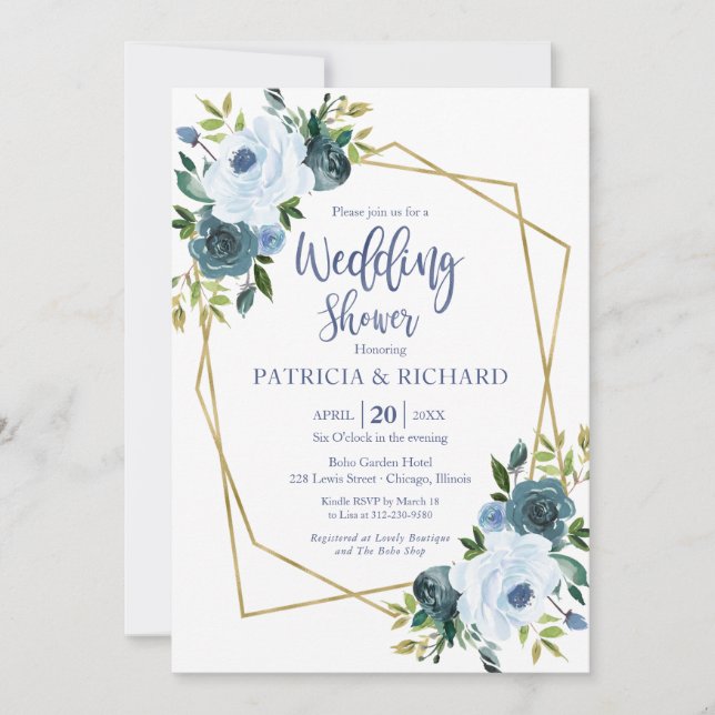 Gold Geometric Dusty Blue Floral Wedding Shower Invitation (Front)