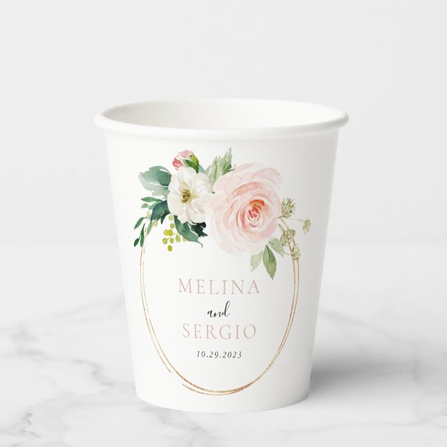 Gold Geometric Elegant Fall Flowers Wedding Paper Cups (Front)