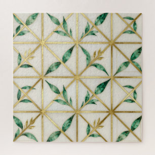 Gold Geometric Emerald Leaf Luxury Pattern Jigsaw Puzzle