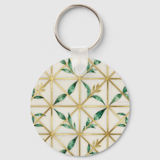 Gold Geometric Emerald Leaf Luxury Pattern Key Ring (Front)
