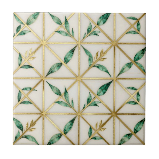 Gold Geometric Emerald Leaf Luxury Pattern Tile (Front)