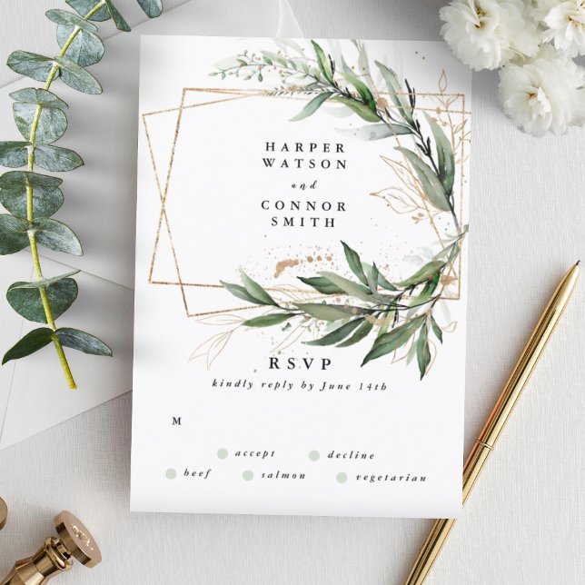 Gold Geometric Eucalyptus Elegant Greenery Sage RSVP Card (Creator Uploaded)