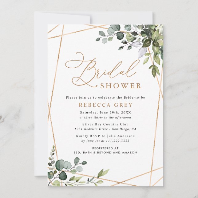 Gold Geometric Eucalyptus Greenery Bridal Shower Invitation (Front)