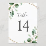 Gold Geometric Eucalyptus Greenery Table Numbers<br><div class="desc">Designed to coordinate with our Moody Greenery wedding collection, this customisable Table Numbers Card features watercolor sage green eucalyptus leaves accented with a gold geometric frame and paired with a stylish script and classy serif font in grey. To make advanced changes, go to "Click to customise further" option under Personalise...</div>