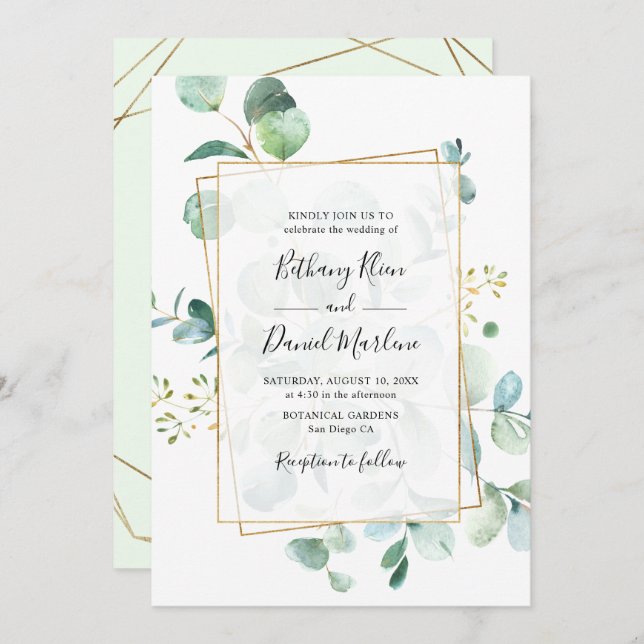 Gold Geometric Eucalyptus Greenery Wedding Invitation (Front/Back)