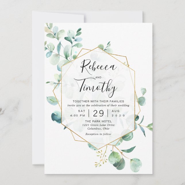 Gold Geometric Eucalyptus Greenery Wedding Invitation (Front)