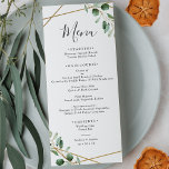 Gold Geometric Eucalyptus Greenery Wedding Menu<br><div class="desc">Designed to coordinate with our Moody Greenery wedding collection,  this customisable Menu features sage green eucalyptus watercolor foliage accented with a gold geometric frame with grey text. To make advanced changes,  go to "Click to customise further" option under Personalise this template.</div>