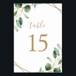 Gold Geometric Eucalyptus Greenery Wedding Table Number<br><div class="desc">Designed to coordinate with our Moody Greenery wedding collection, this customisable Table Numbers Card features watercolor sage green eucalyptus leaves accented with a gold geometric frame and paired with a stylish script and classy serif font in gold. To make advanced changes, go to "Click to customise further" option under Personalise...</div>