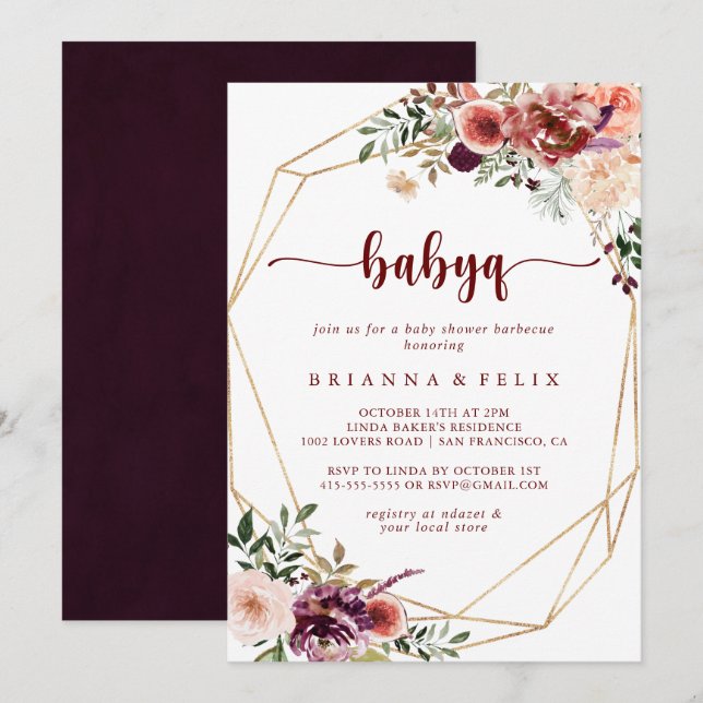 Gold Geometric Floral BabyQ Baby Shower Barbecue  Invitation (Front/Back)