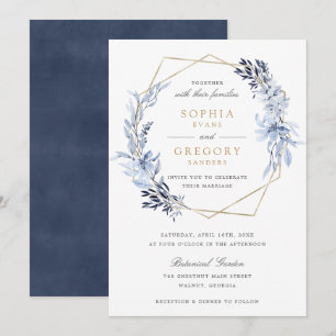 Gold Geometric Floral Blue Leaves Frame Wedding Invitation