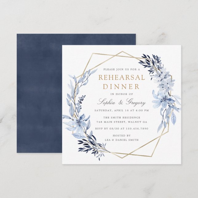 Gold Geometric Floral Blue Leaves Rehearsal Dinner Invitation (Front/Back)