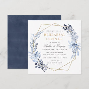 Gold Geometric Floral Blue Leaves Rehearsal Dinner Invitation