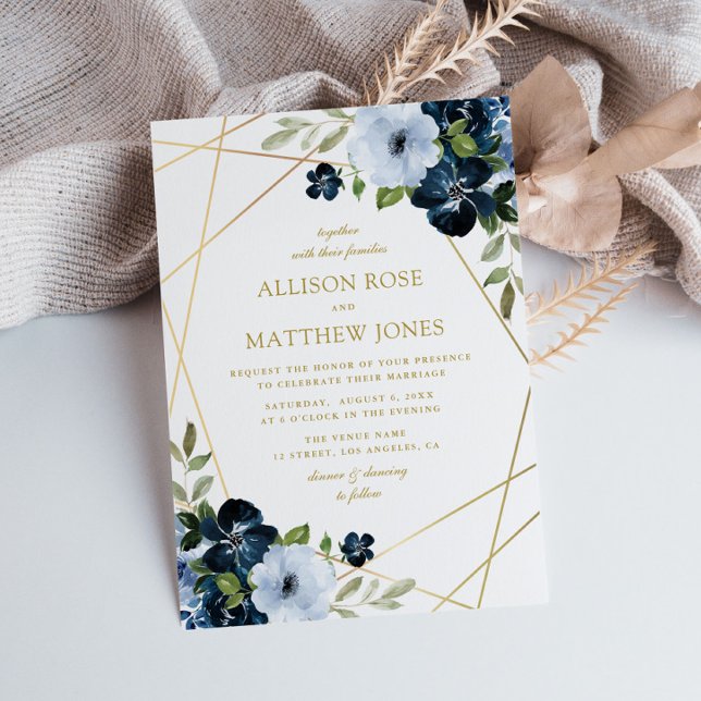 gold geometric floral navy blue wedding invitation (Creator Uploaded)