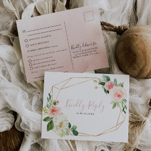 Gold Geometric Flowers Wedding Menu Choice Reply Postcard