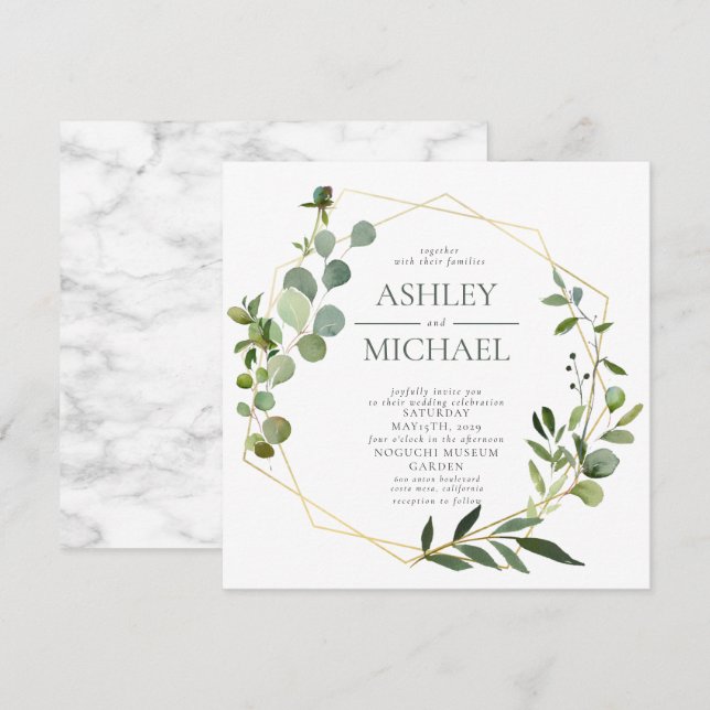 GOLD GEOMETRIC FOLIAGE Square Marble Wedding Invitation (Front/Back)