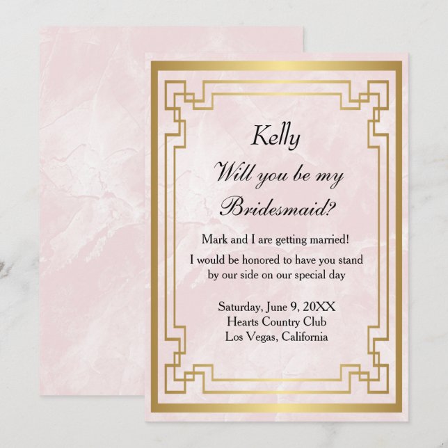 Gold Geometric Frame Pink Marble  Bridesmaid Invitation (Front/Back)