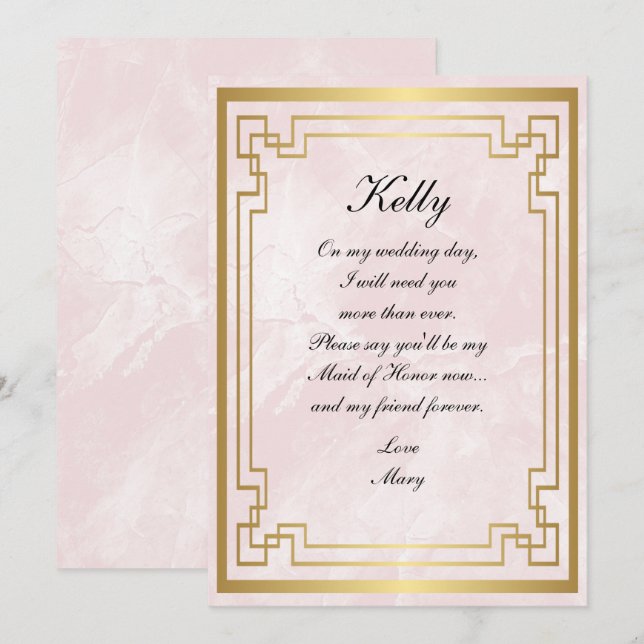 Gold Geometric Frame Pink Marble Maid Of Honour Invitation (Front/Back)