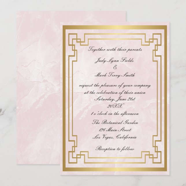 Gold Geometric Frame Pink Marble Wedding Invitation (Front/Back)