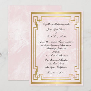 Gold Geometric Frame Pink Marble Wedding Invitation